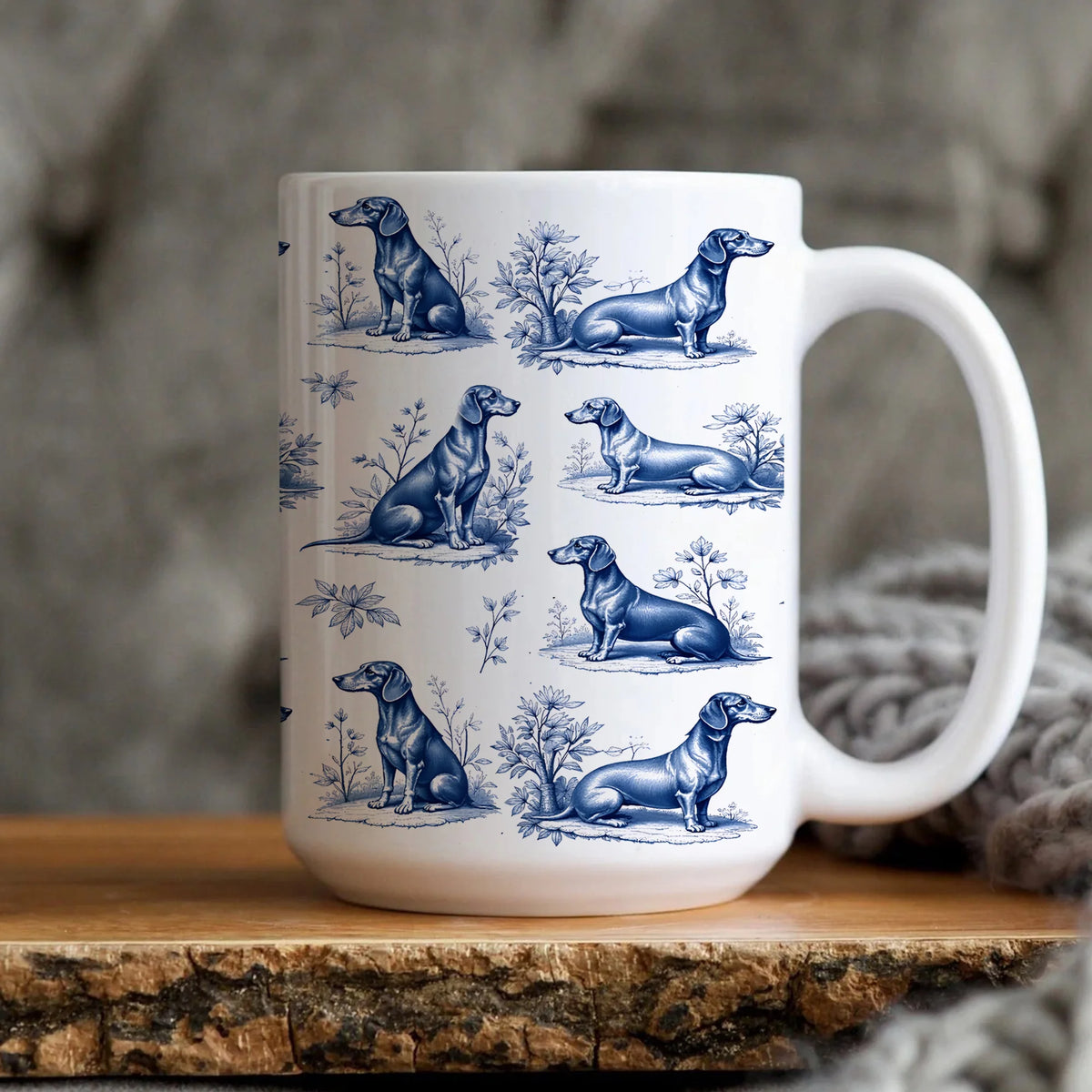 Dachshund Toile de Jouy Mug – Blue Doxie Coffee Cup