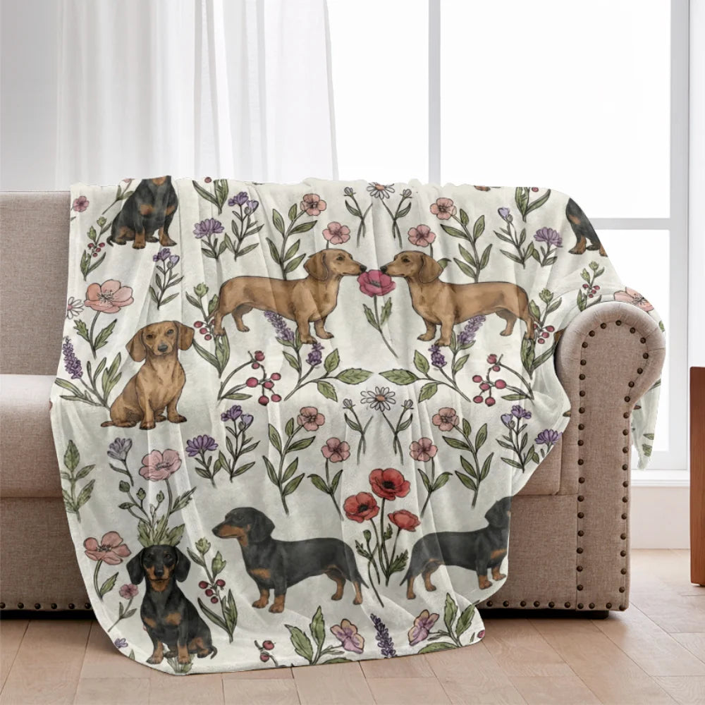 Dachshund Floral Accent Blanket, Cozy Doxie Weiner Dog Throw