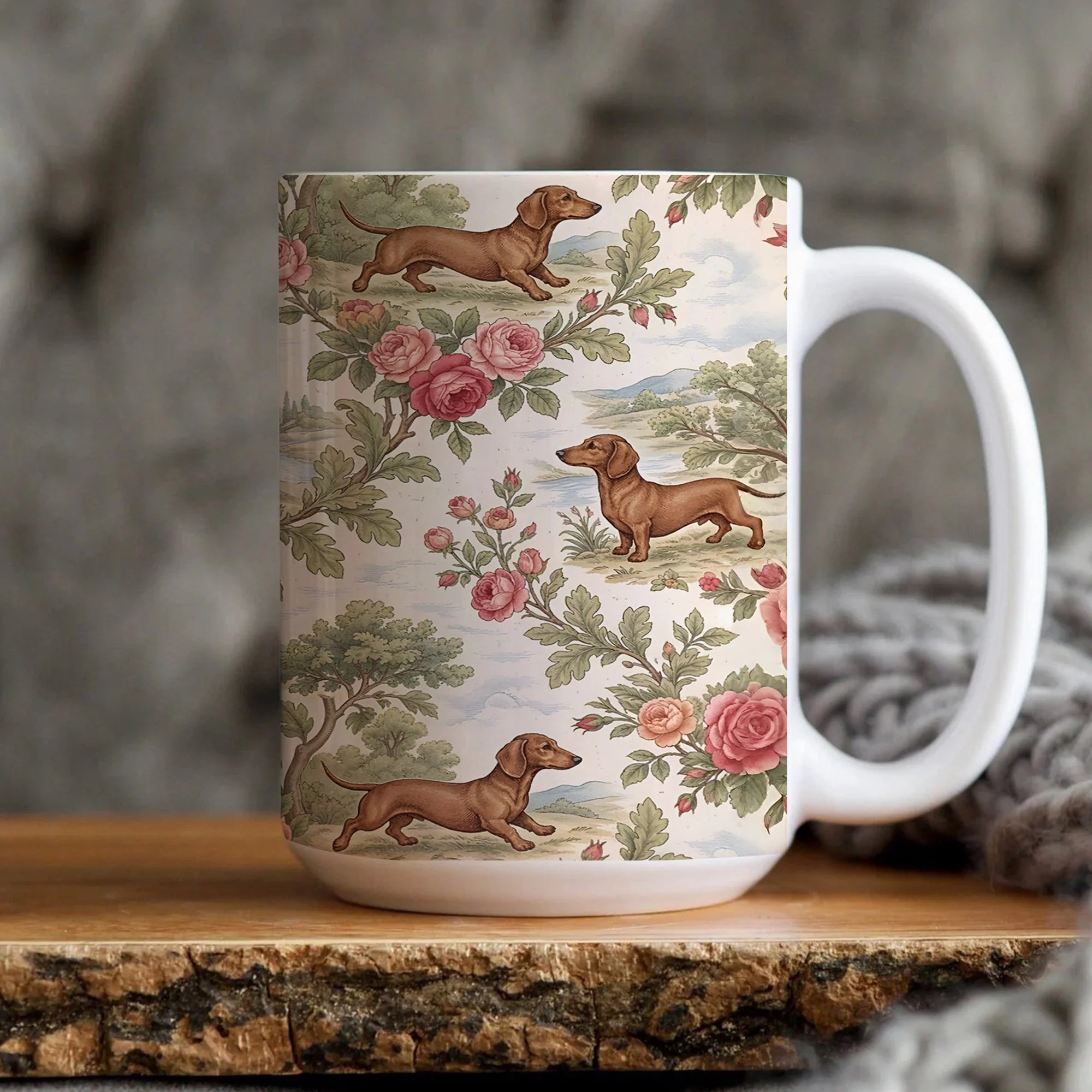 Dachshund Toile de Jouy Ceramic Mug, Sausage Dog Lover Gift