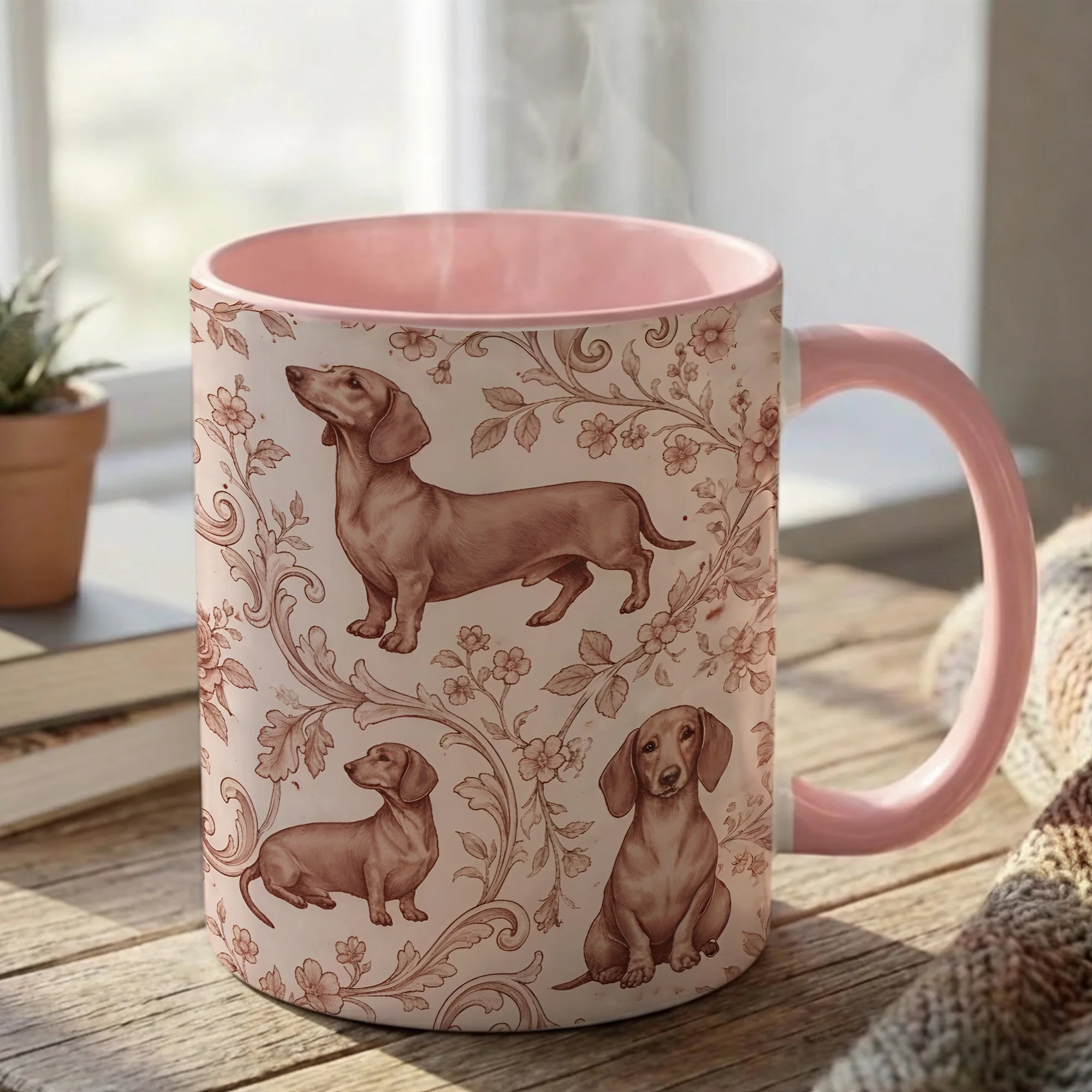 Dachshund Toile Pattern Accent Coffee Mug | Dog Floral Ceramic Mug