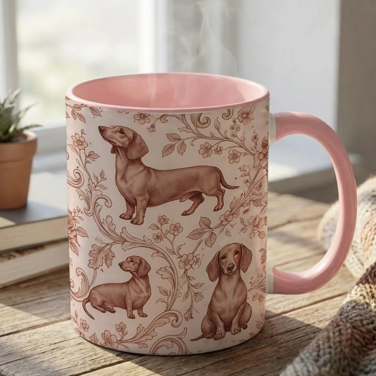 Dachshund Toile Pattern Accent Coffee Mug | Dog Floral Ceramic Mug