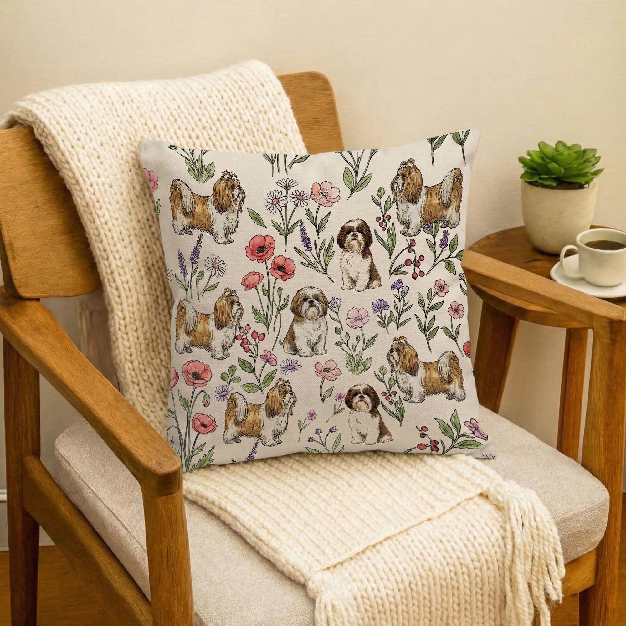 Shih Tzu Floral Accent Pillow Cover, Cute Shih Tzu Dog Cushion, Pet Owner Home Decor Gift
