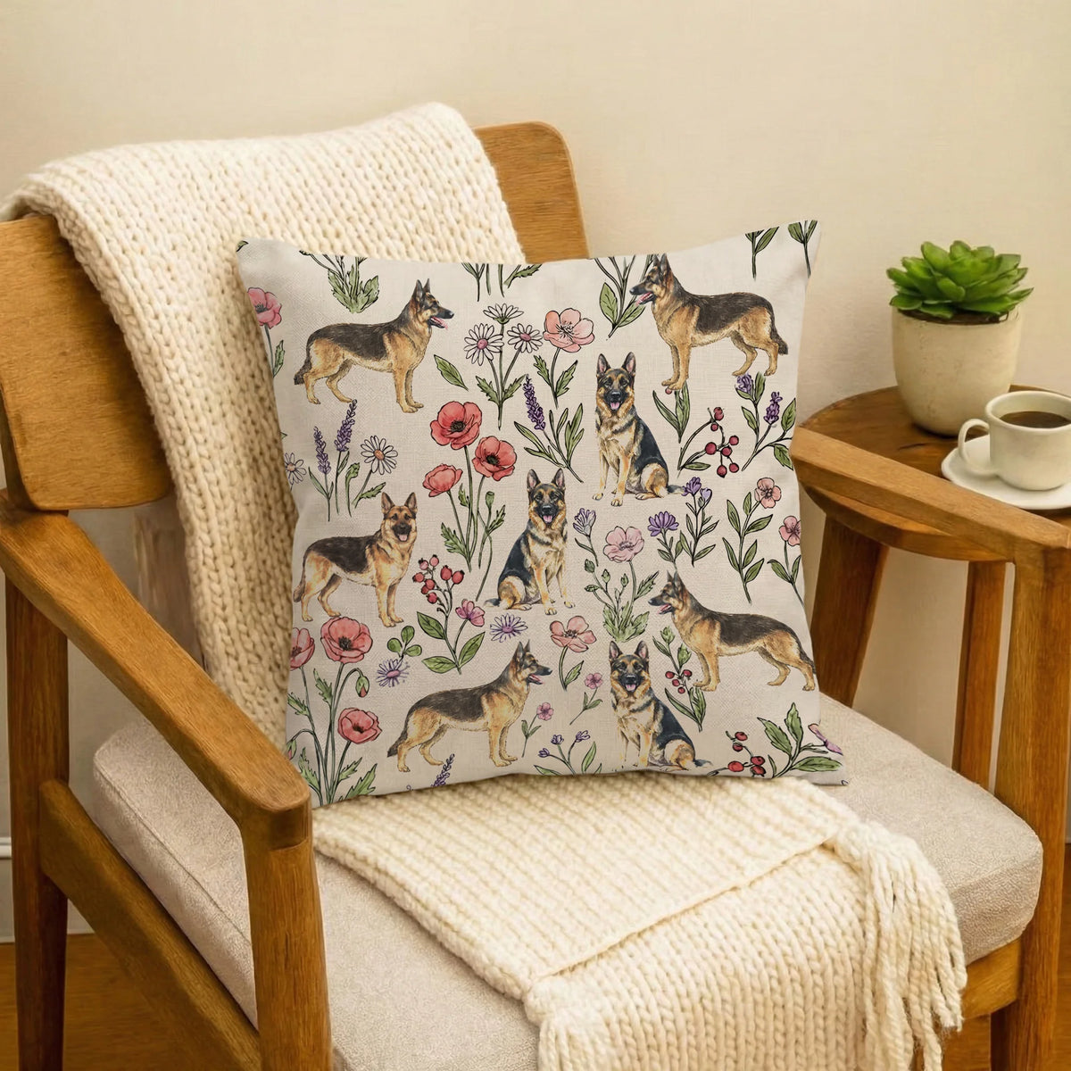 German Shepherd Floral Accent Pillow Cover – Dog Lover Home Decor Gift
