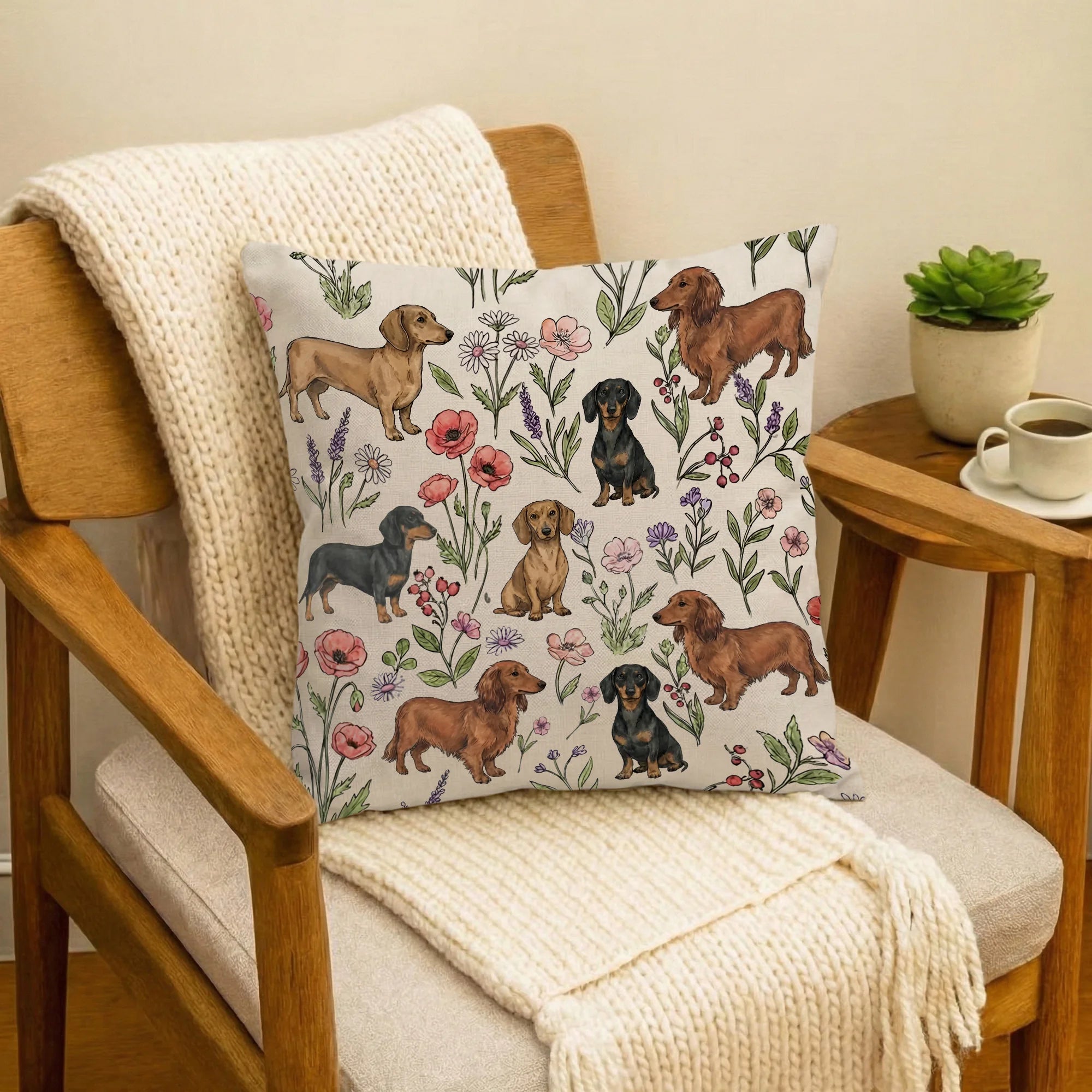Dachshund Floral Accent Pillow, Doxie Weiner Dog Throw Pillow, Cute Dog Lover Gift
