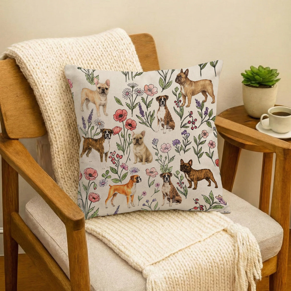 Boxer Dog Floral Accent Pillow Cover, Cute Boxer Puppy Throw Pillow Cover Gift