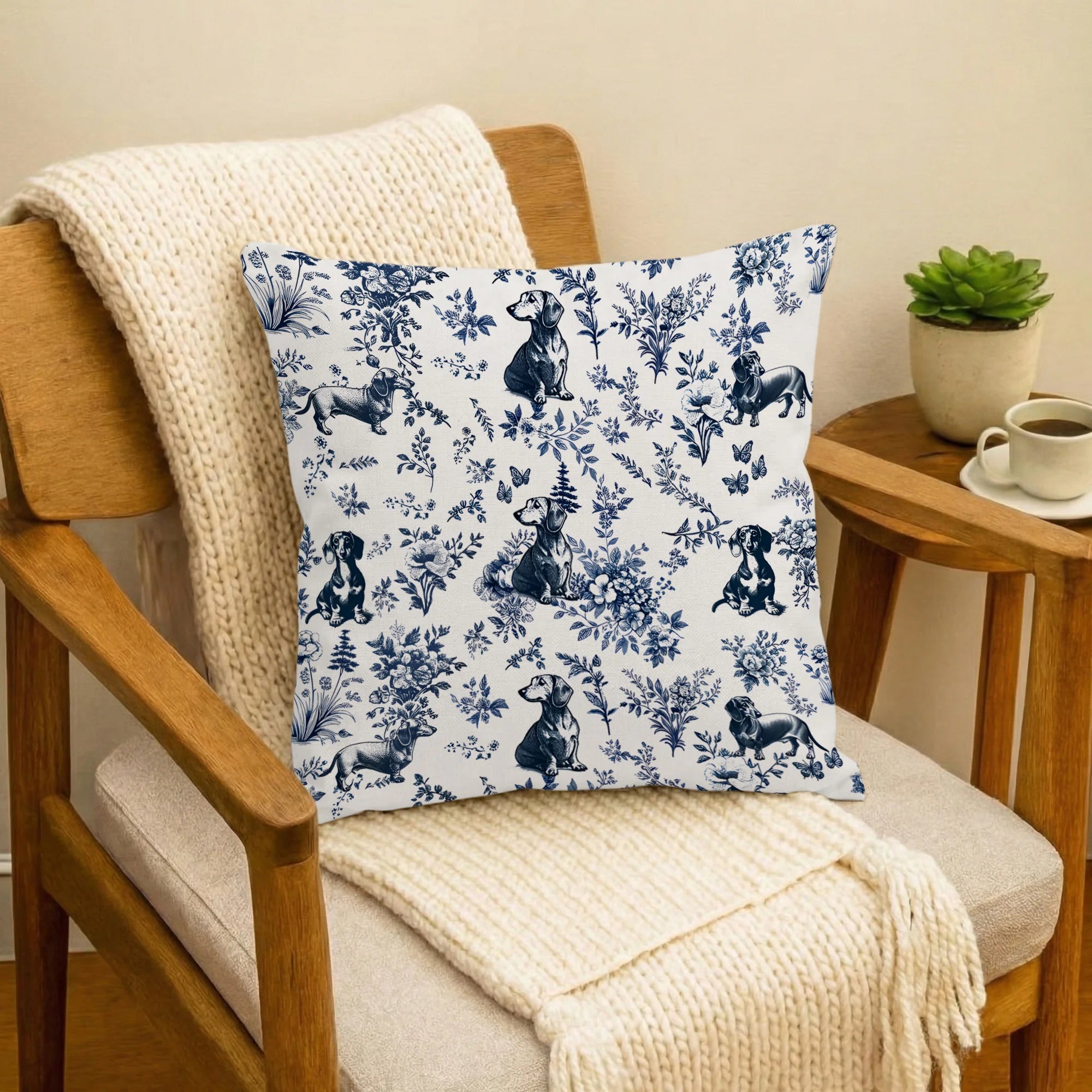 Dachshund French Toile de Jouy Pillow, Blue Toile Doxie Throw Pillow
