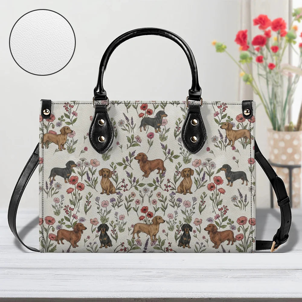 Dachshund Floral Accent Handbag, Cute Doxie Weiner Dog Purse