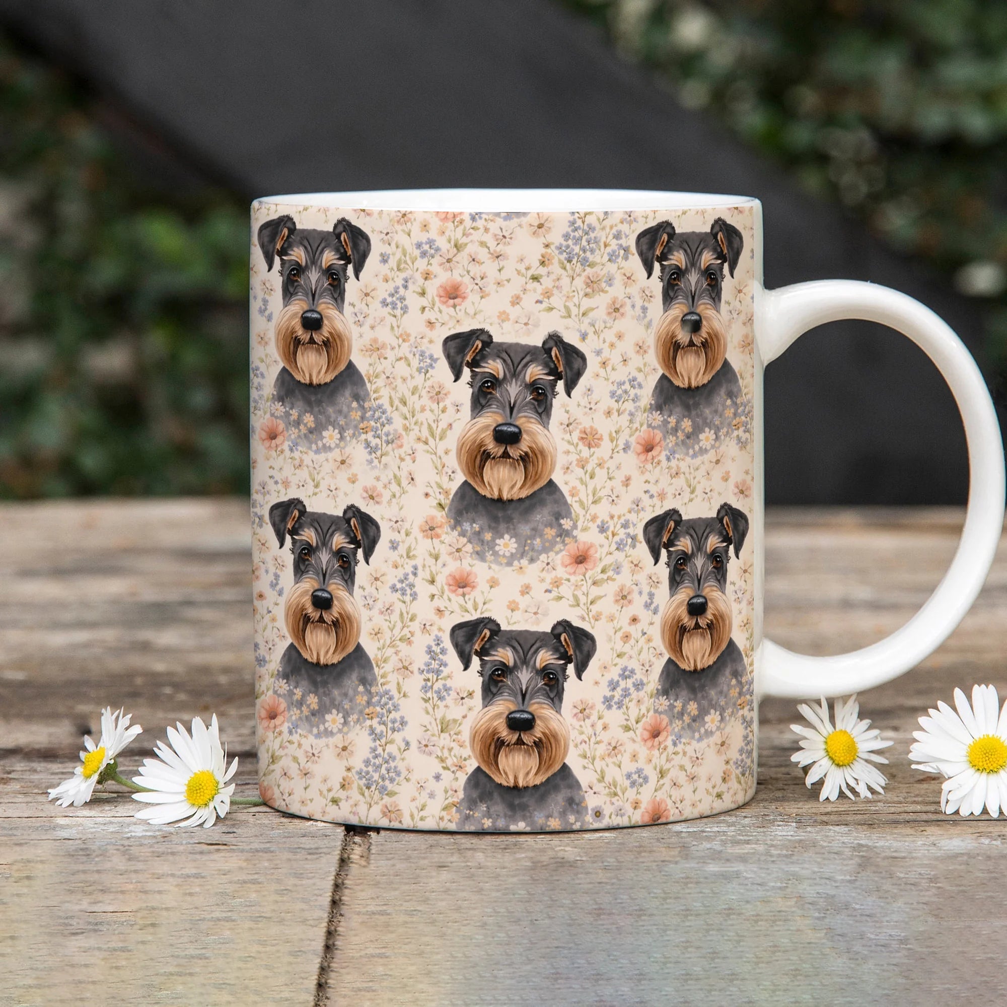 Floral Mini Schnauzer Coffee Mug, Dog Lover Gift, Ceramic Tea Cup Gift for Schnauzer Owner