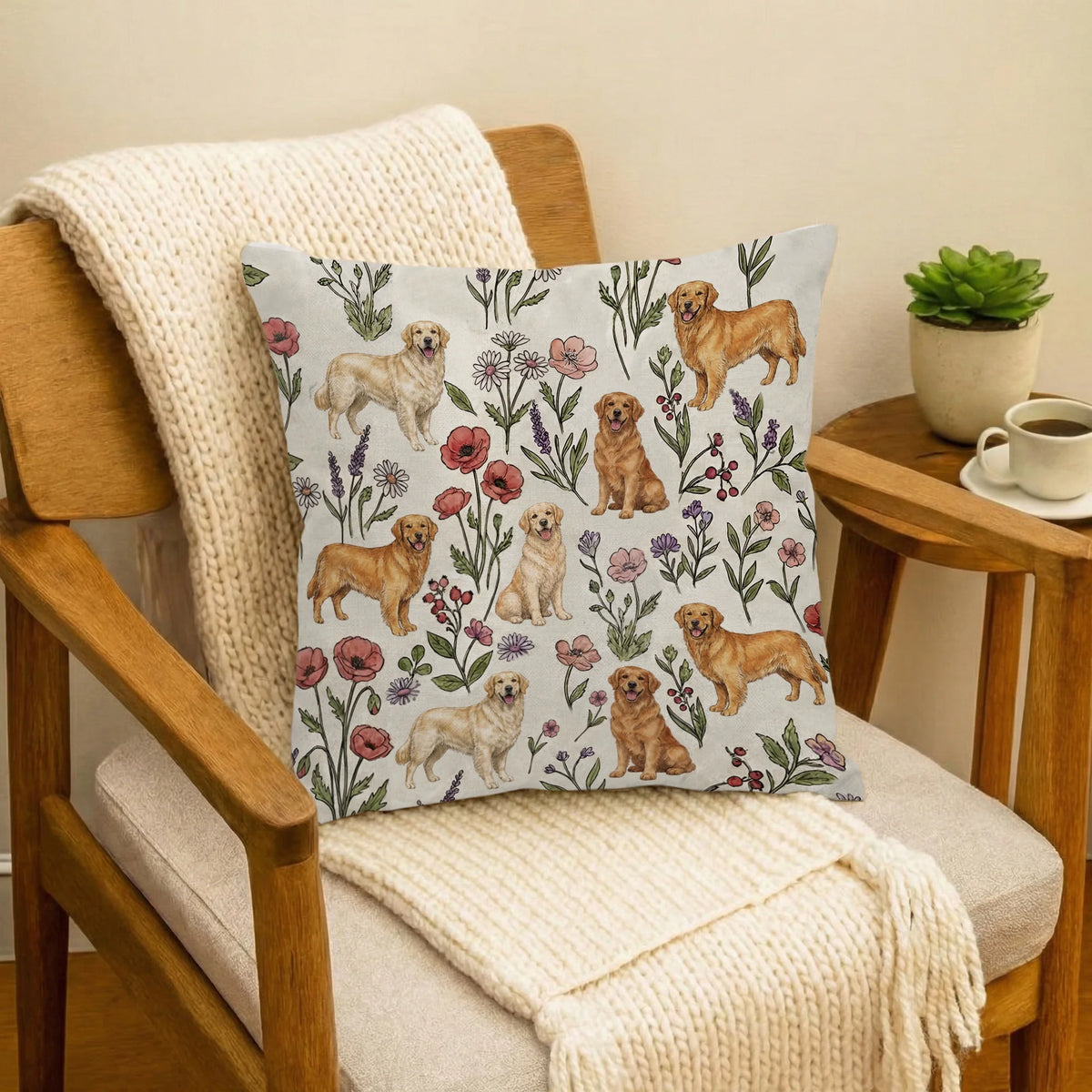 Golden Retriever Puppy Floral Accent Pillow, Golden Retriever Dog Throw Pillow