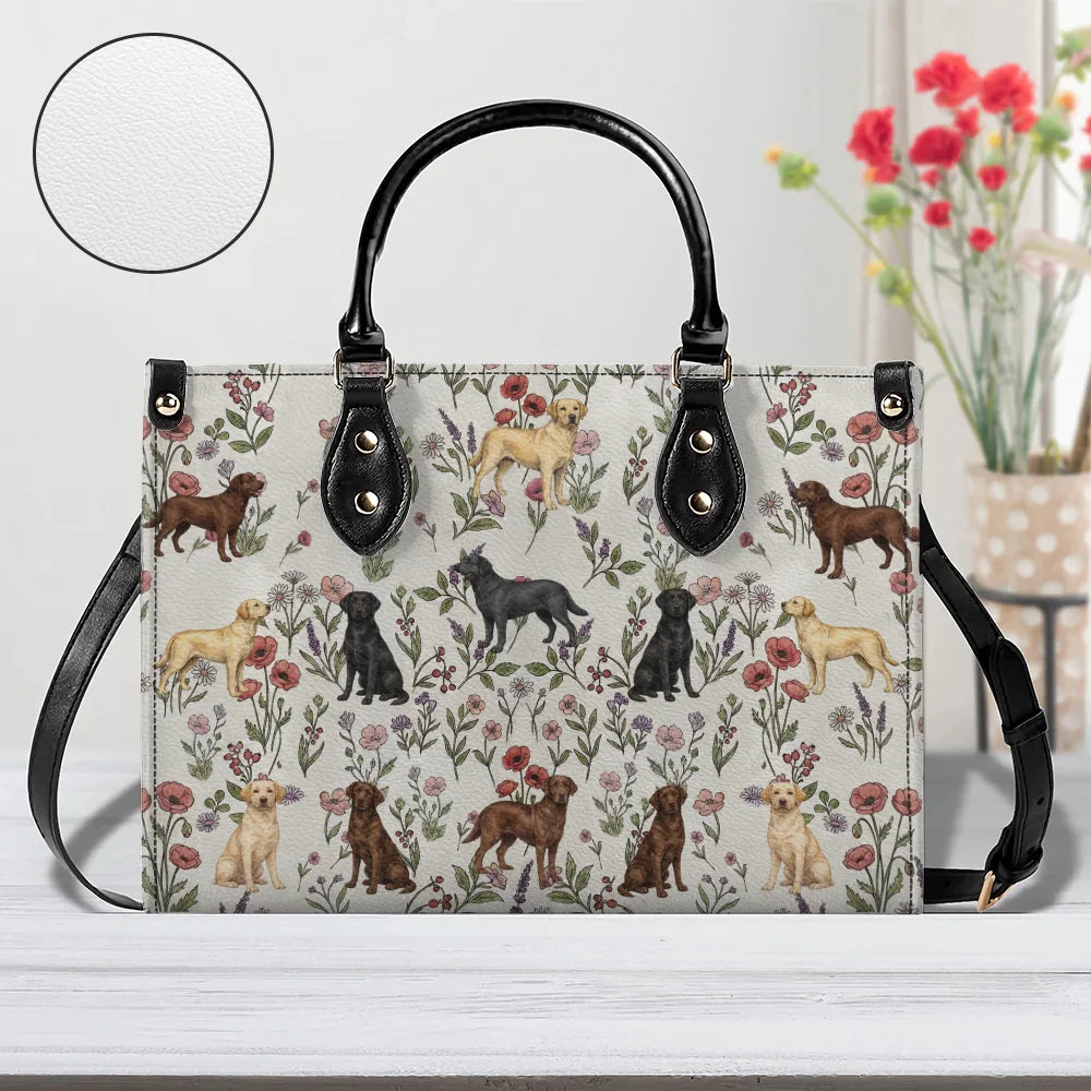 Labrador Retriever Floral Accent Handbag, Yellow Black & Chocolate Lab Dog