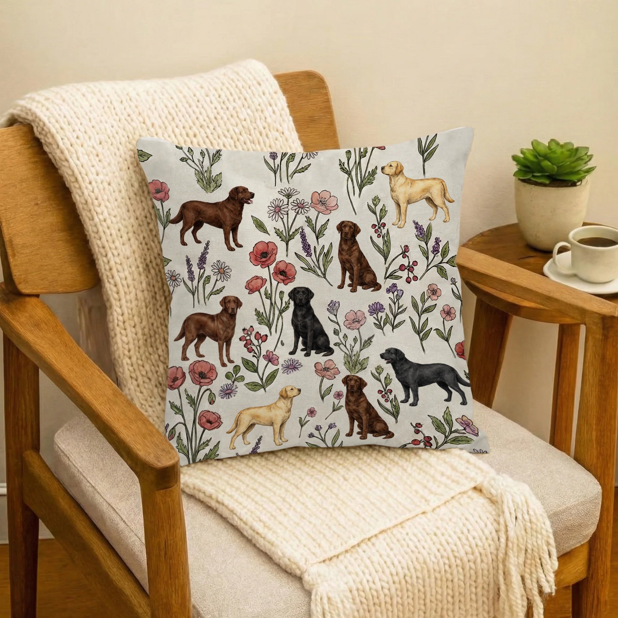 Labrador Retriever Floral Accent Pillow, Yellow Black & Chocolate Lab Throw Pillow