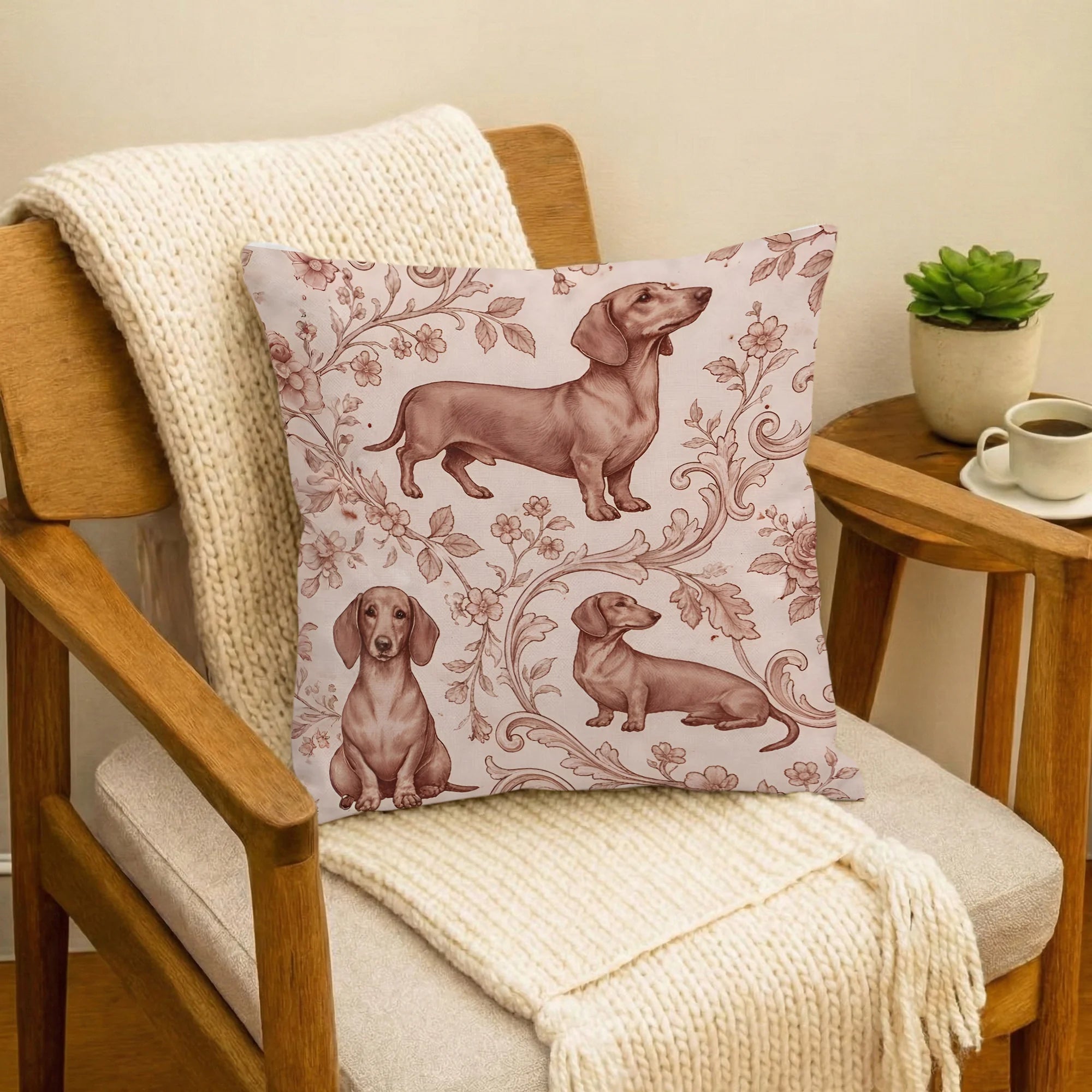 Dachshund Toile Pattern Accent Pillow Cover | Dog Floral Decorative Throw Cushion
