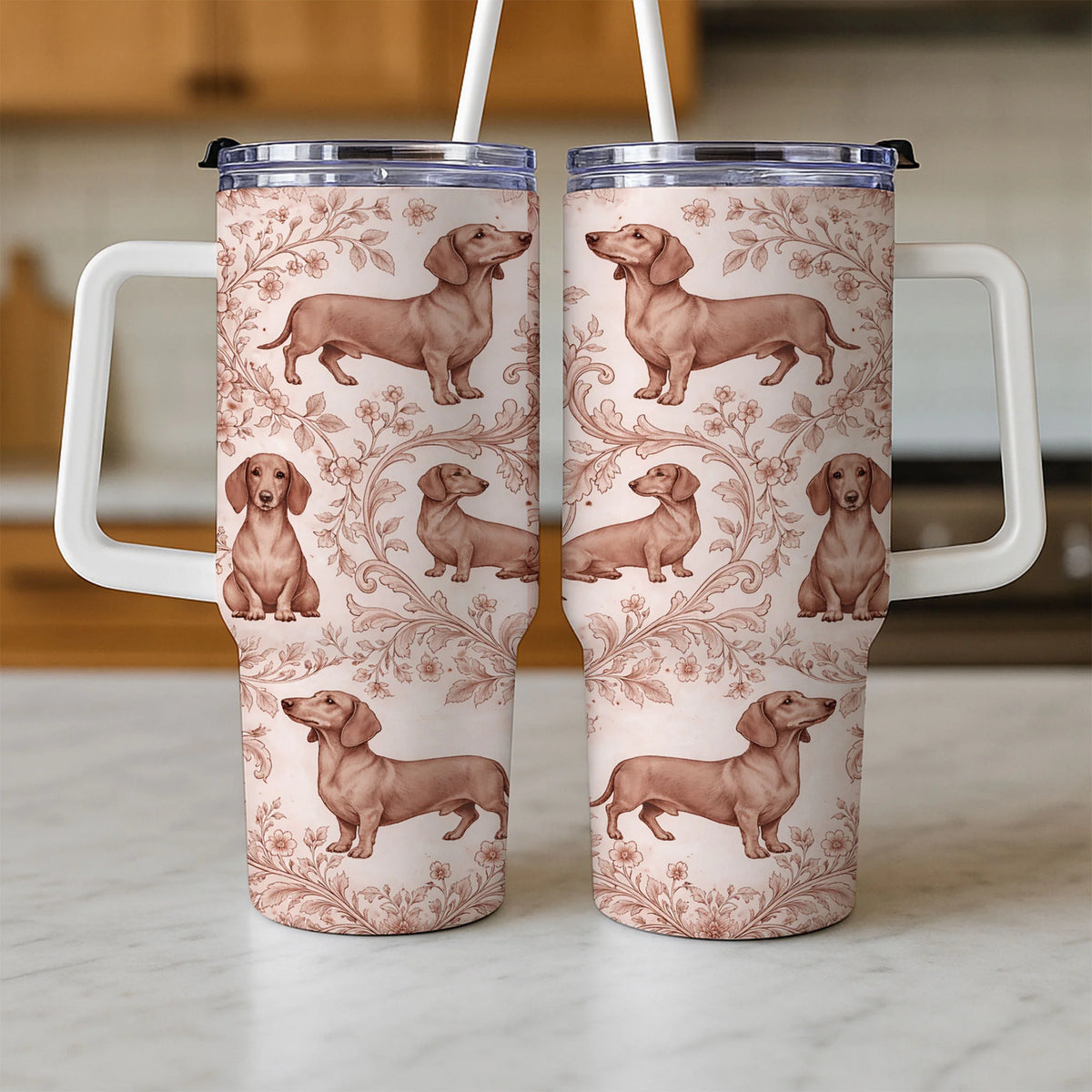 Dachshund Toile Pattern Accent 40oz Tumbler | Dog Floral Insulated Stainless