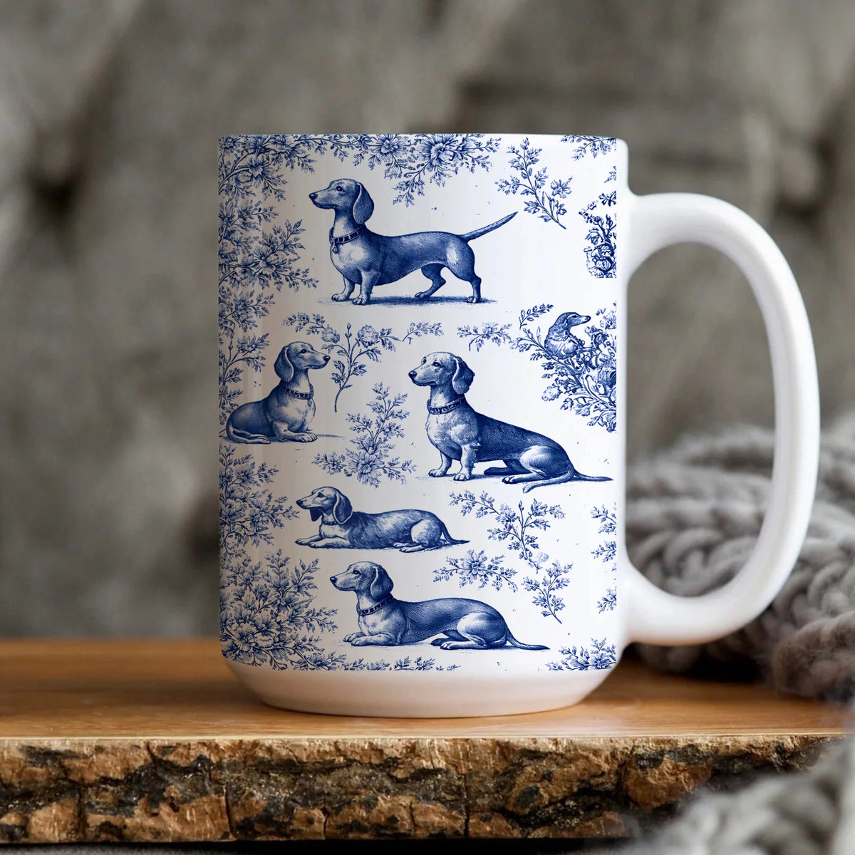 Dachshund Mug - French Toile de Jouy Mug, Dachshund Pattern