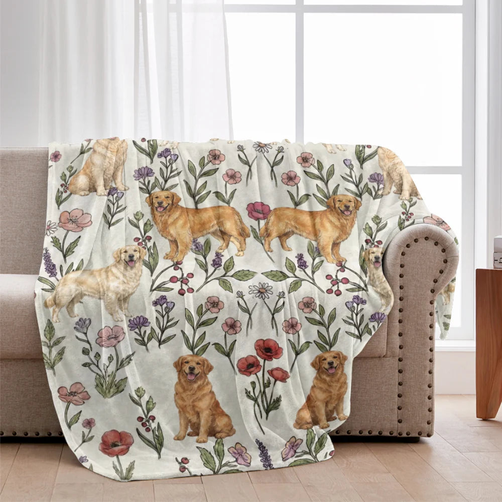 Golden Retriever Puppy Floral Accent Blanket, Cozy Golden Retriever Dog