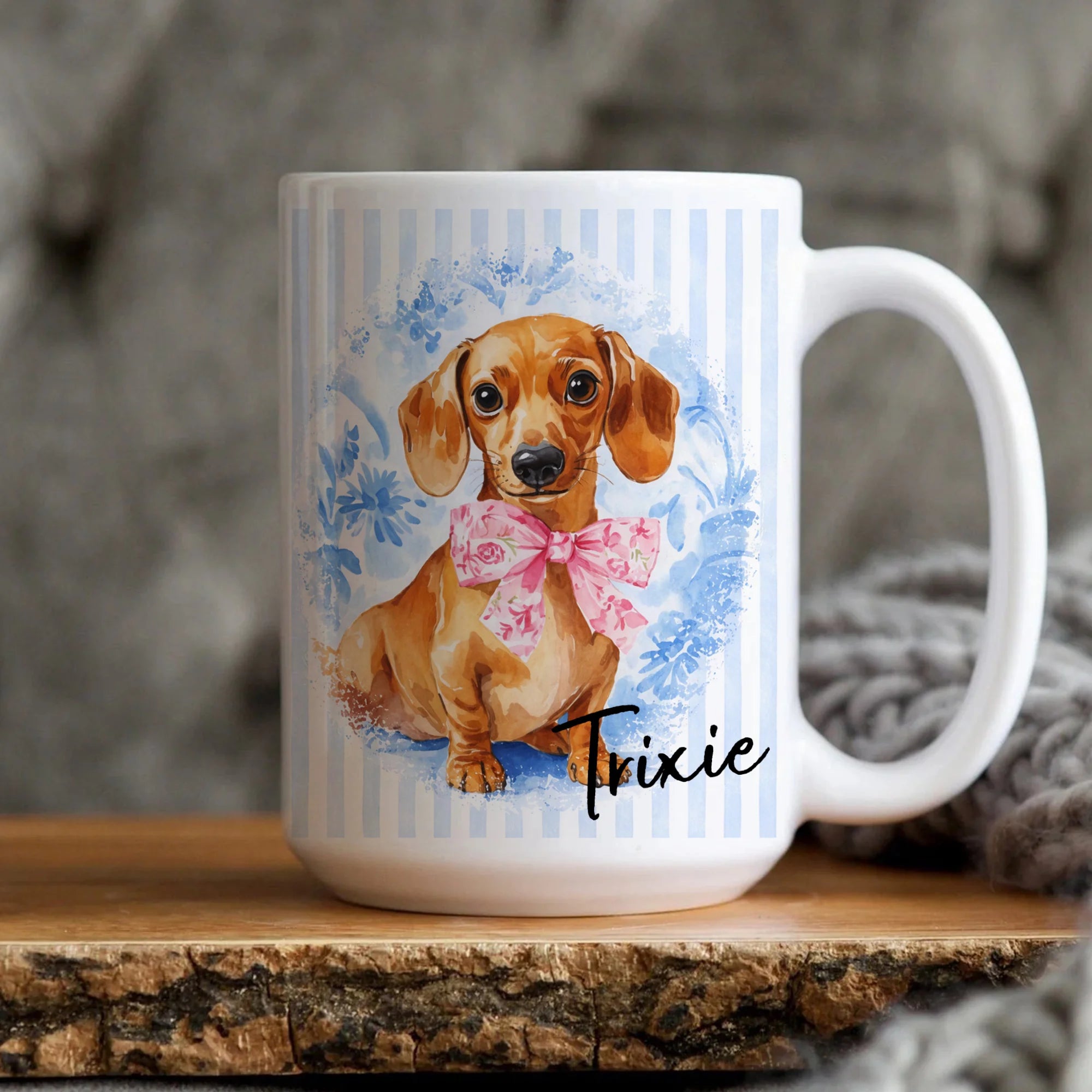 Custom Dachshund Mug, Toile Doxie Coffee Cup Blue Stripe Dog Lover Gift