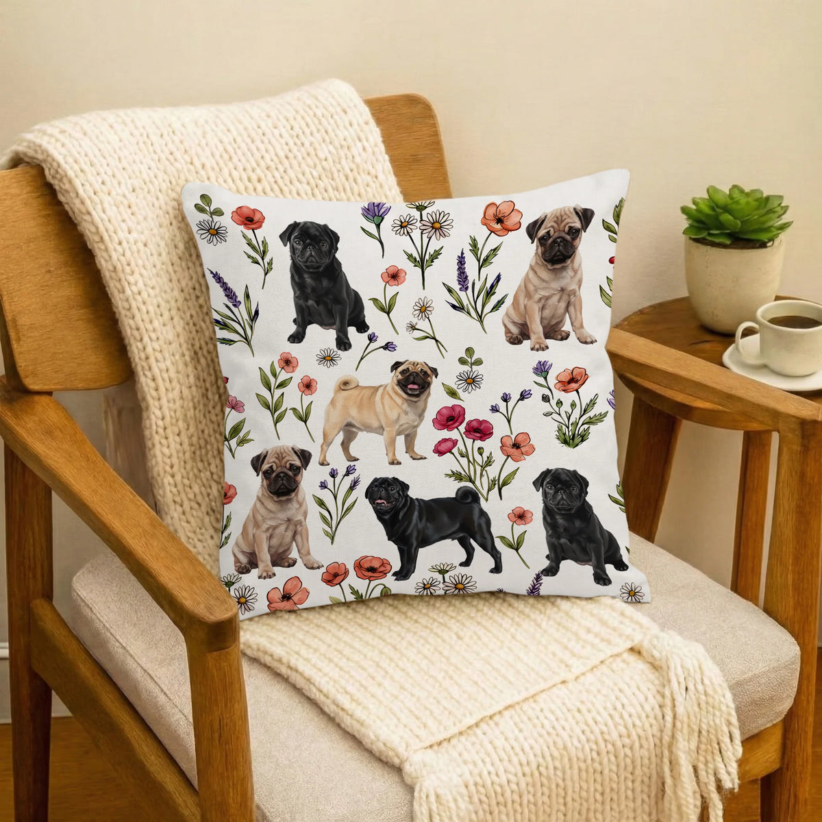 Cute Pug Floral Accent Pillow Cover, Pug Dog Lover Throw Pillow Case Gift