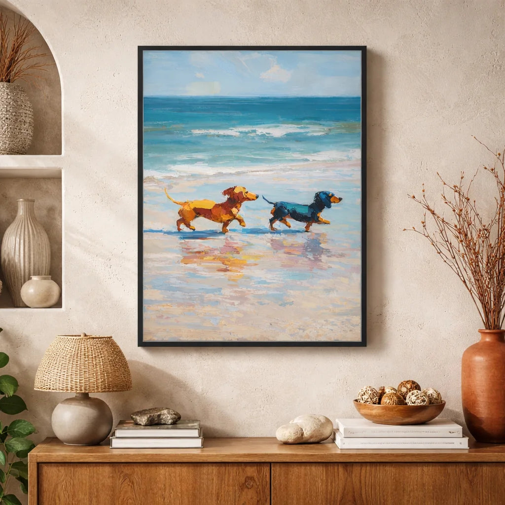Dachshund Beach Print of Two Dogs From Original Impasto Painting