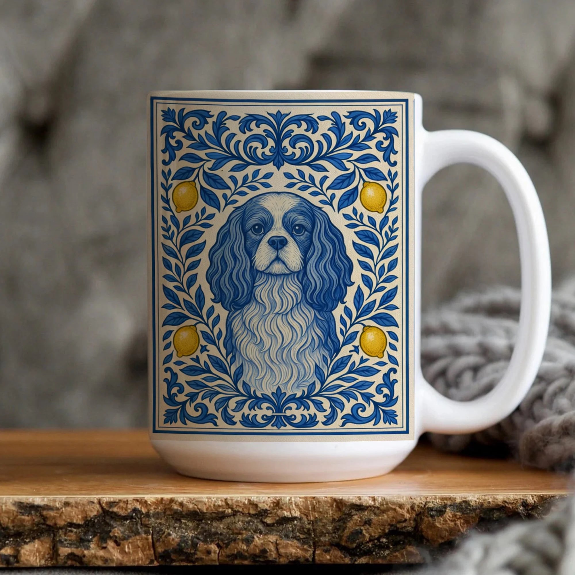 Cavalier King Charles Spaniel, Blue and White Mediterranean Tiles