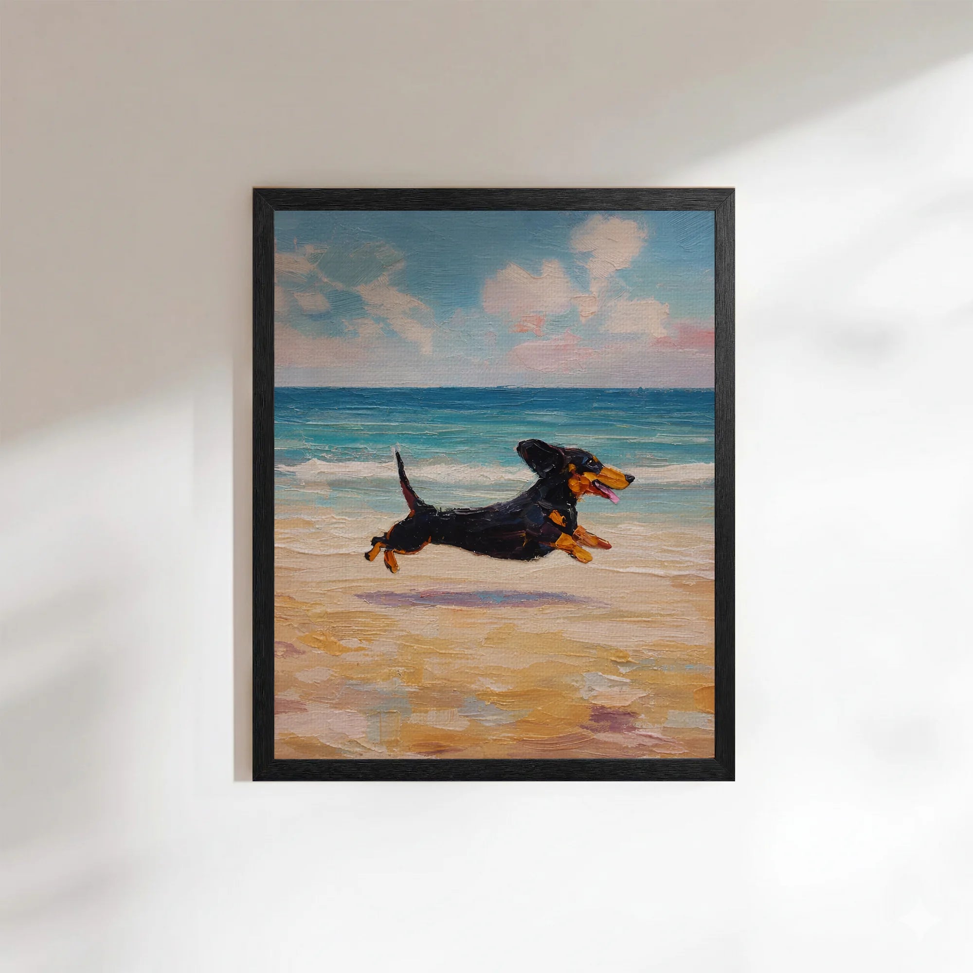 Dachshund Beach Oil Painting, Coastal Dog Wall Art Decor
