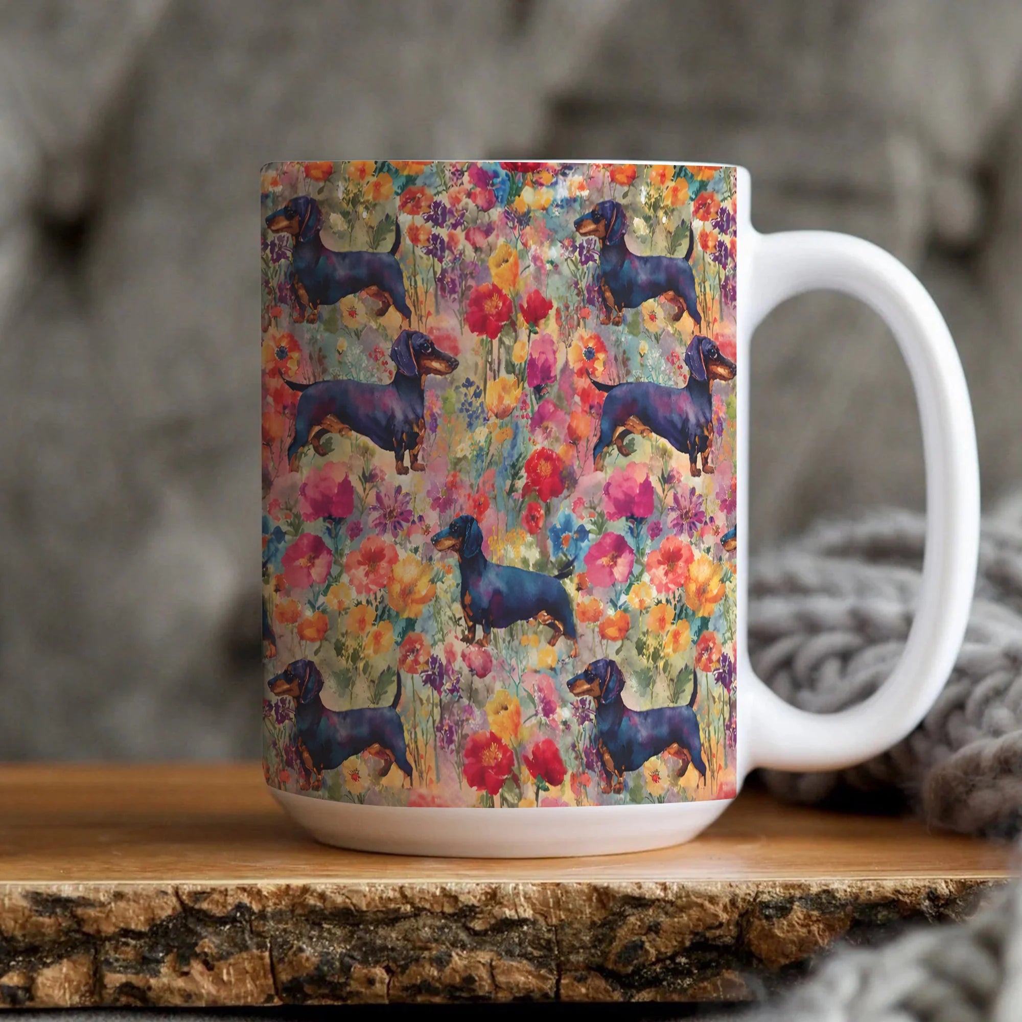 Dachshund Mug Wildflower Weiner Dog Cup Black Tan Doxie Gift