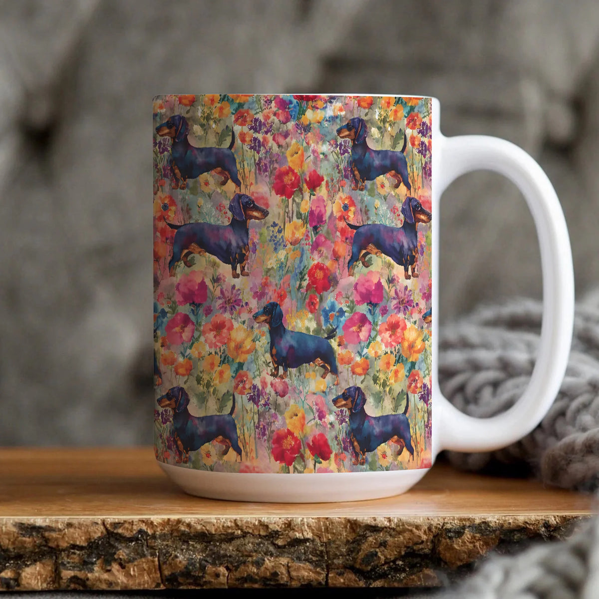 Dachshund Mug Wildflower Weiner Dog Cup Black Tan Doxie Gift