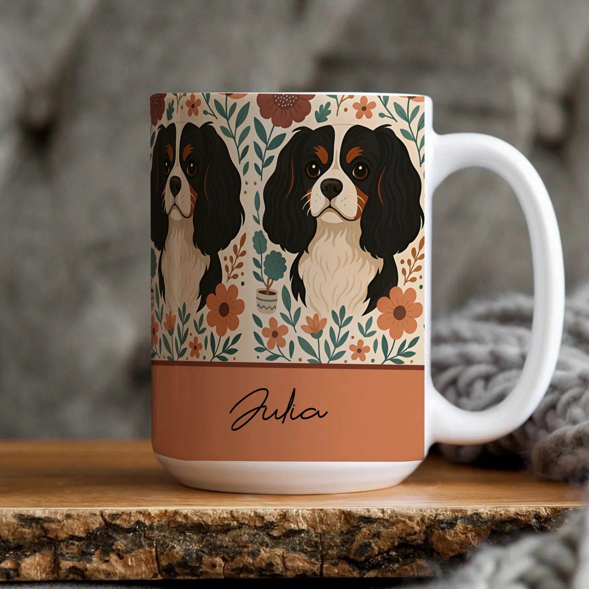 Custom Tri Color Cavalier King Charles Spaniel Floral Art, Cavalier Lover Gift