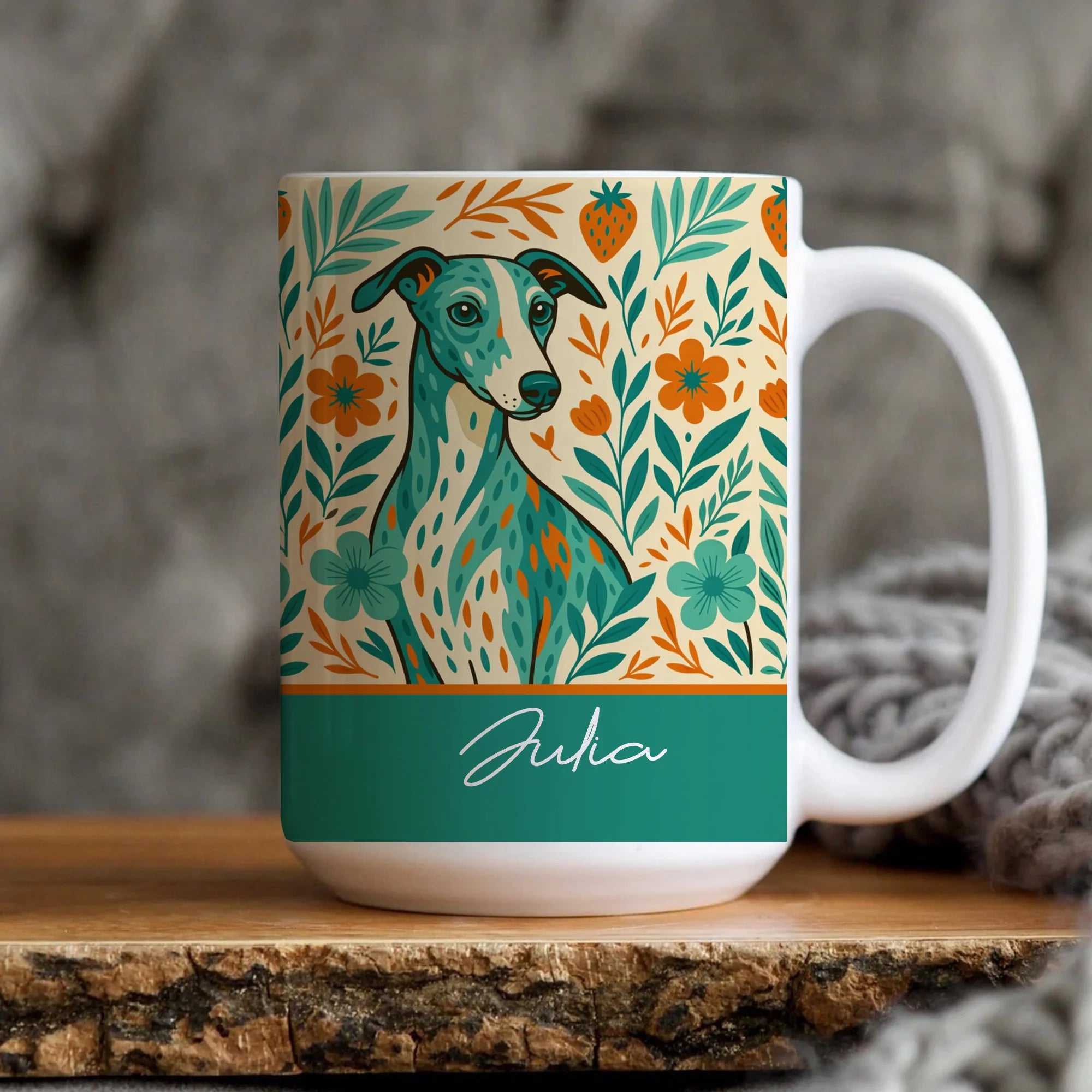 Greyhound Retro Flower Mug, Whippet Lover Gift, Dog Mom Coffee Cup