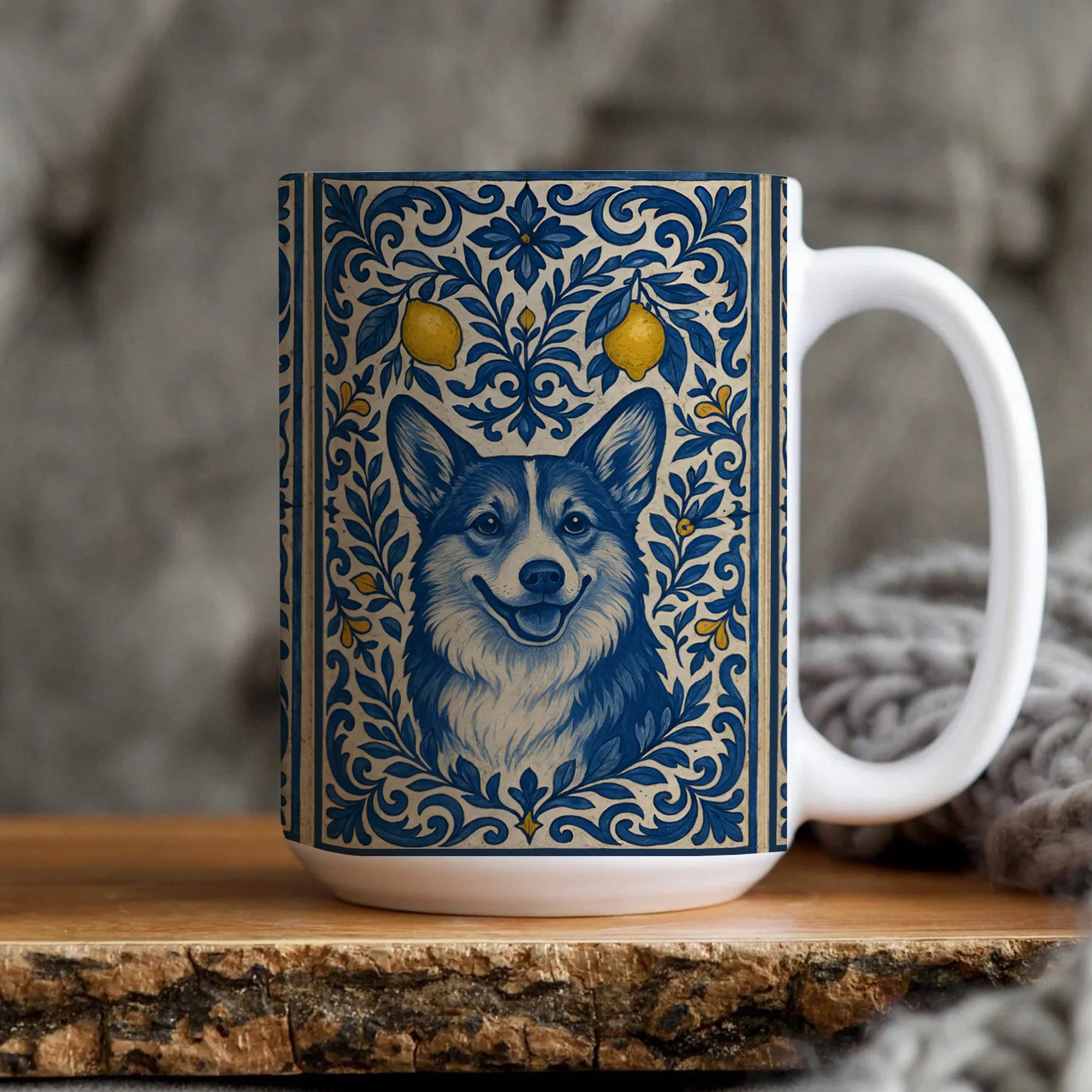 Corgi Accent Mug – Blue Floral Dog Lover Coffee Cup Gift