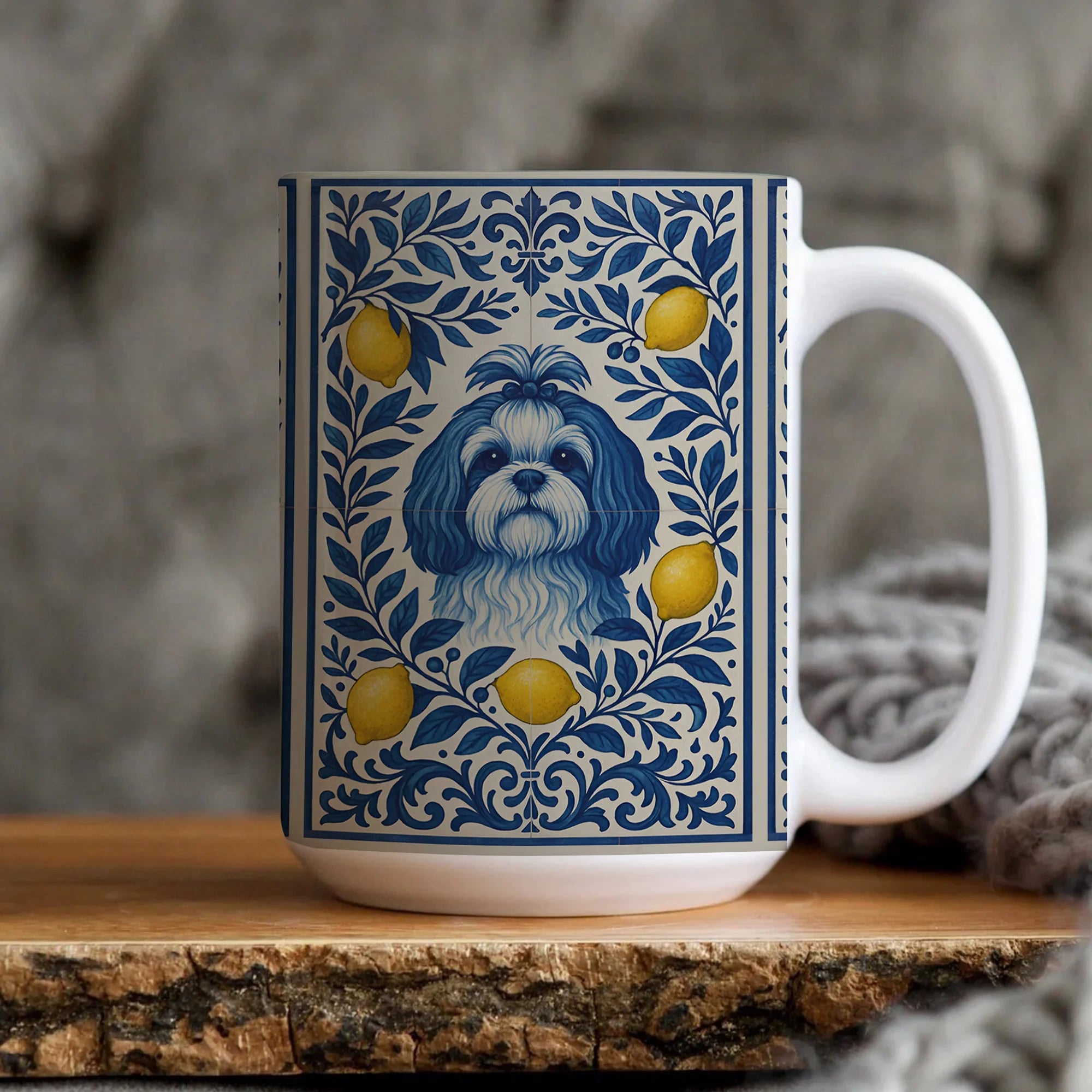 Shih Tzu Mug, Blue Yellow Portugal Tile Pattern Dog Cup