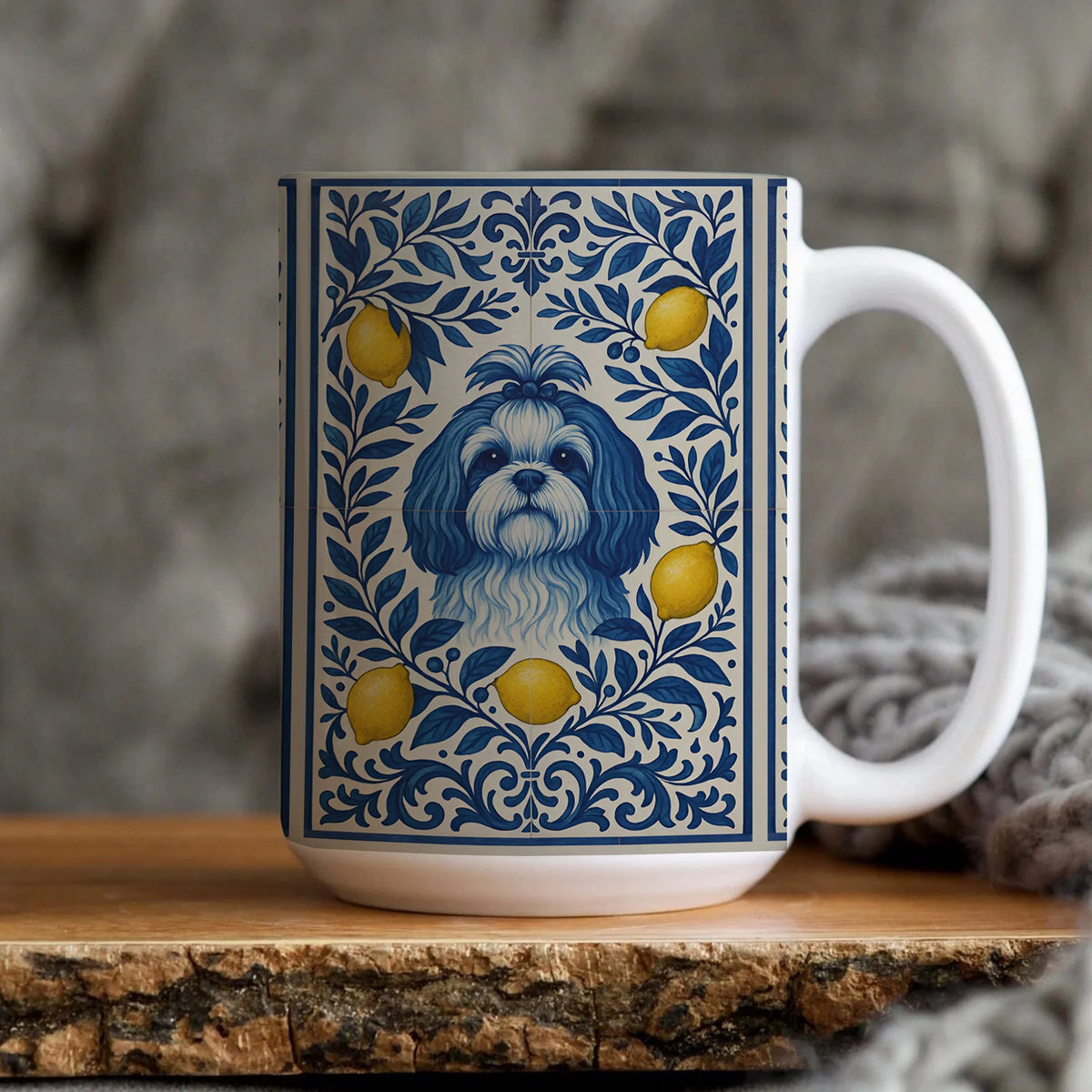 Shih Tzu Mug, Blue Yellow Portugal Tile Pattern Dog Cup