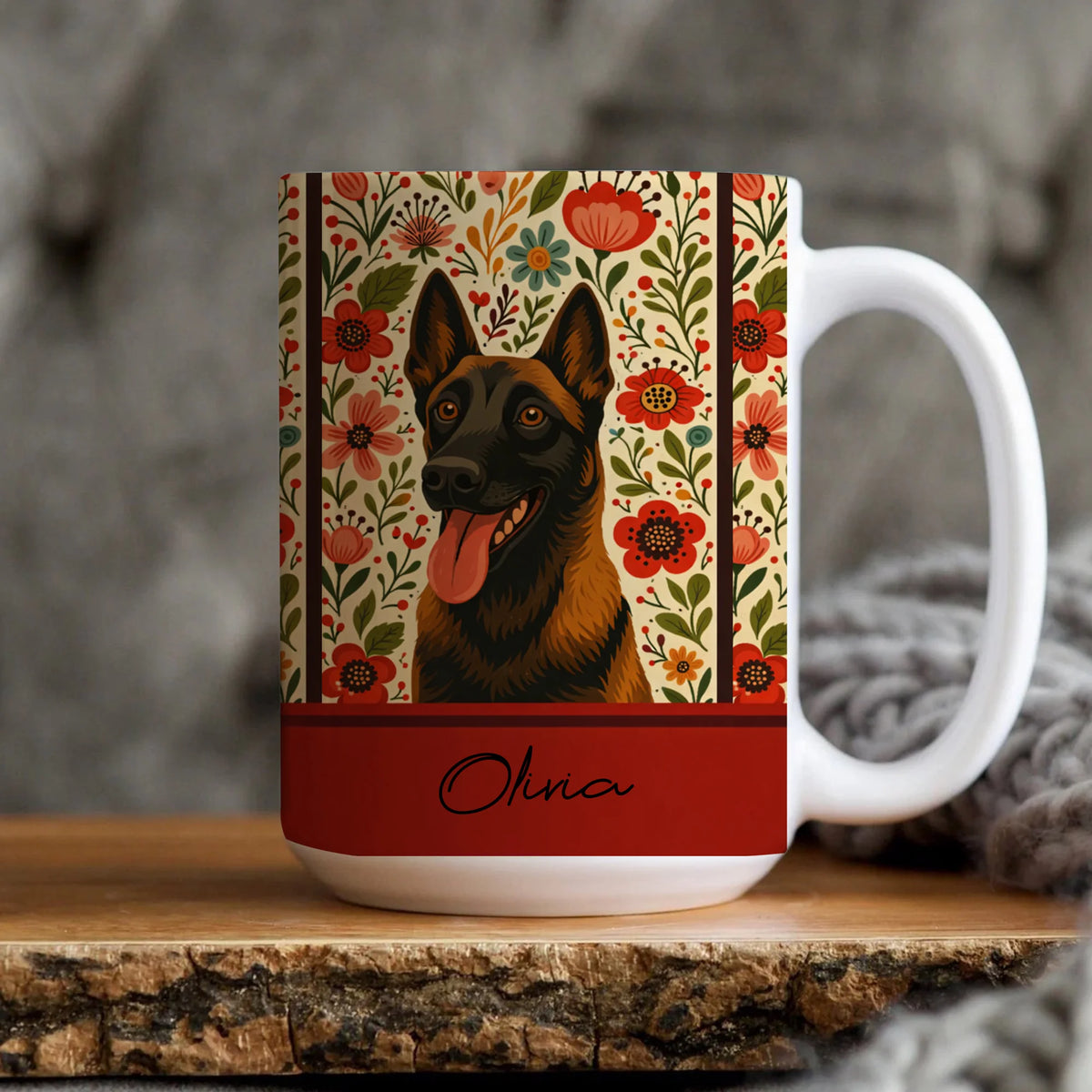 Custom Belgian Malinois Floral Mug – Red Dog Accent Coffee Cup