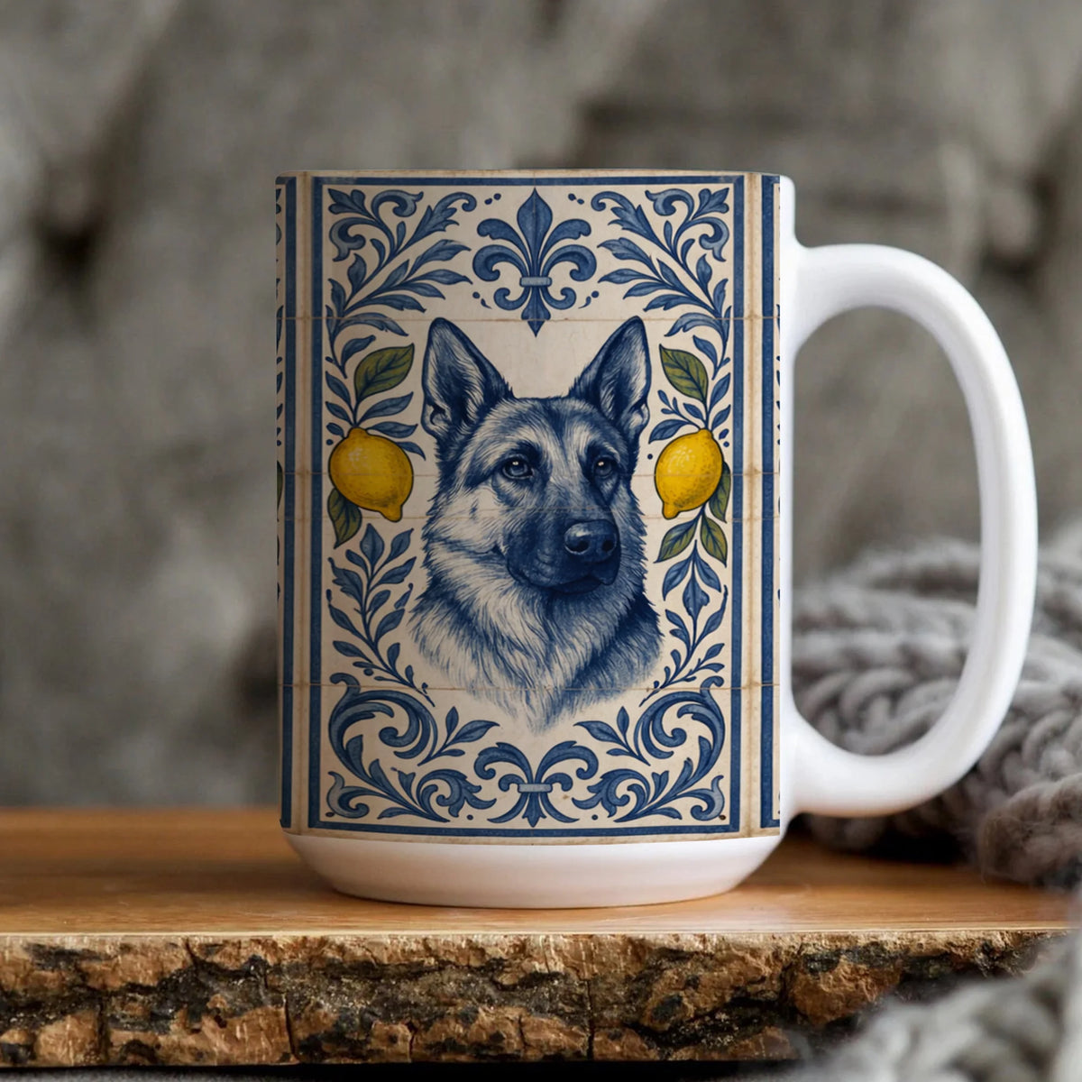 German Shepherd Tile Mug – Blue White Lemon Portuguese Style