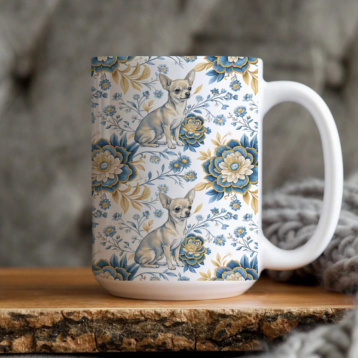 Chihuahua Coffee Mug, Floral Puppy Cup, Blue Gold Dog Lover Gift