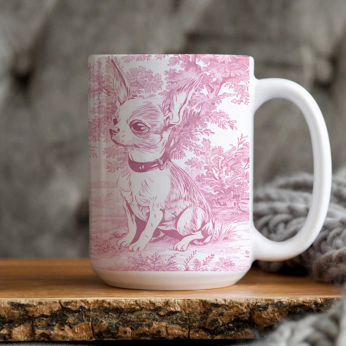 Chihuahua Toile de Jouy Mug, Pink Floral Dog Lover Gift