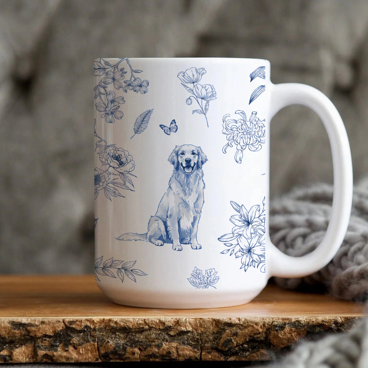 Golden Retriever Mug: Blue Toile de Jouy Coffee Cup