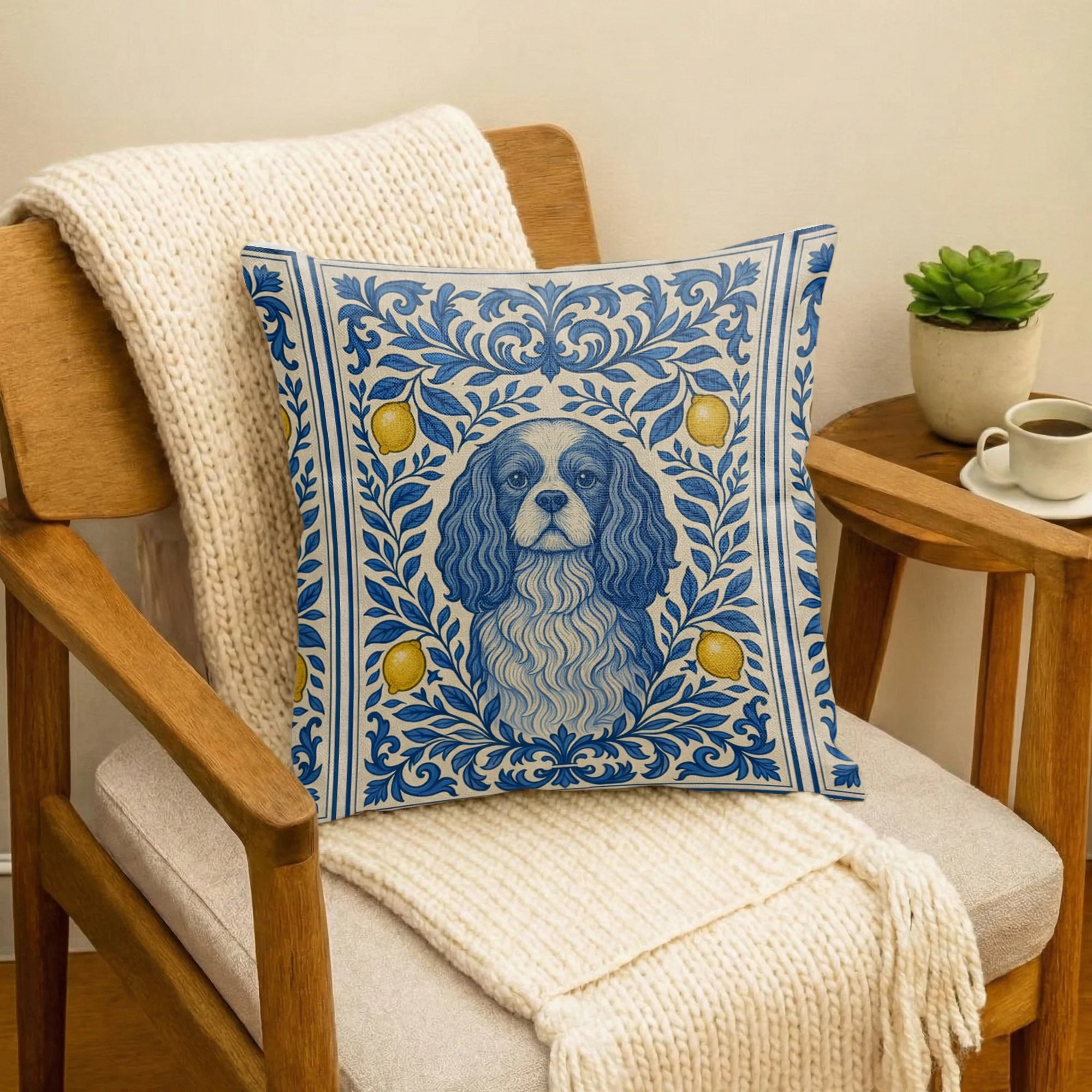 Cavalier King Charles Spaniel Pillow Cover, Blue White Mediterranean Tiles