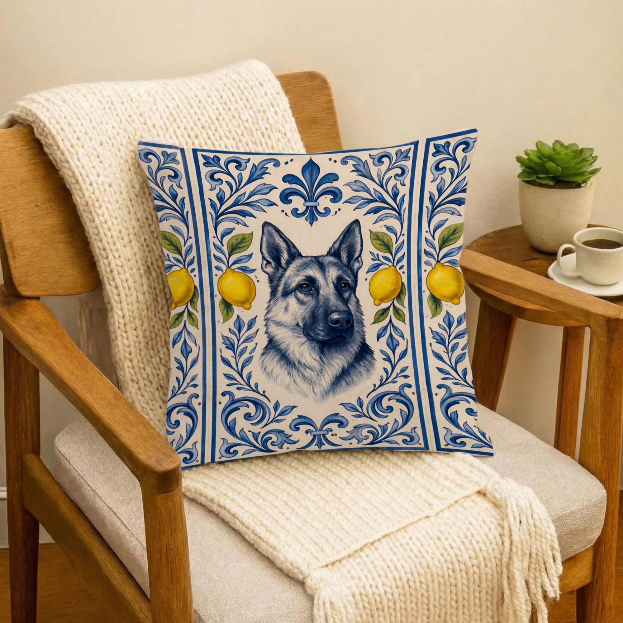 German Shepherd Pillow Cover – Blue White Lemon Portuguese Tile Style