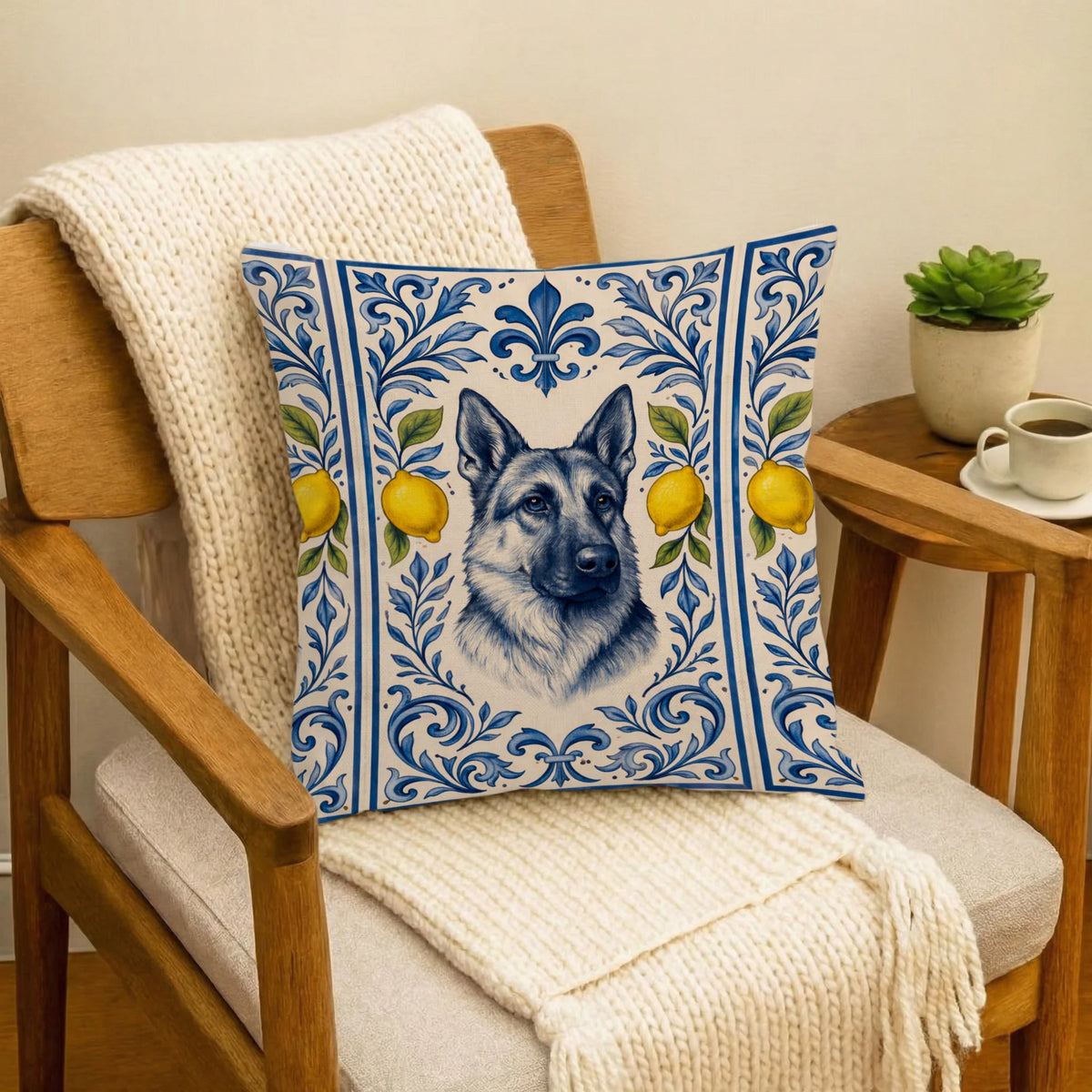 German Shepherd Pillow Cover – Blue White Lemon Portuguese Tile Style