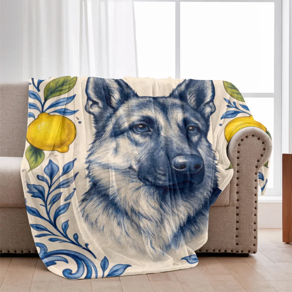 German Shepherd Blanket – Blue White Lemon Portuguese Tile Style