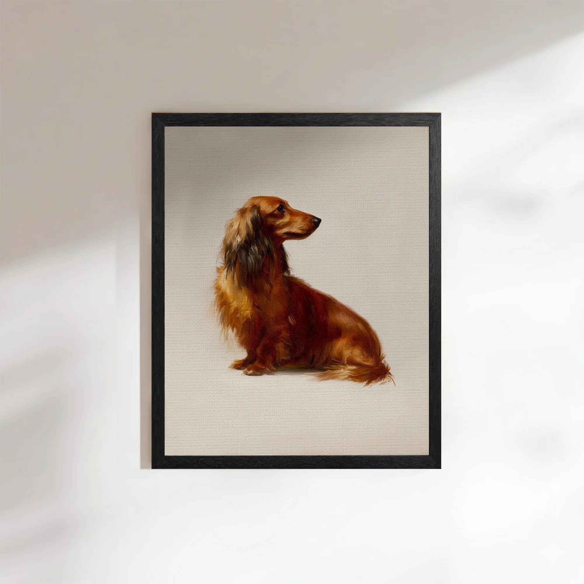 Long Haired Red Dachshund Portrait Art Print Vintage Round Frame