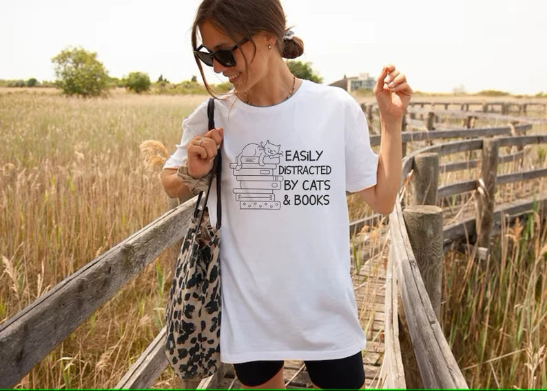 Easily Distracted By Cats And Books Shirt, Book Lover Gift, Funny Cat Shirt, Cat Lover Shirt, Cat Lover Gift, Reader T-Shirt, Cats and Books