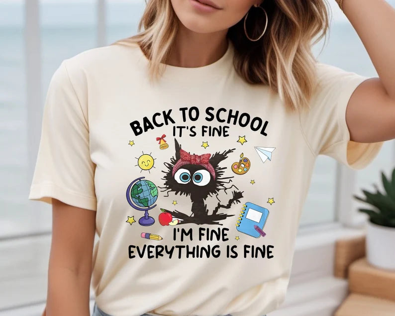 It's Fine I'm Fine Everything Is Fine Black Cat Teacher Shirt, Funny Kindergarten Teacher Shirt, Funny Teacher Gifts Idea, Back to School